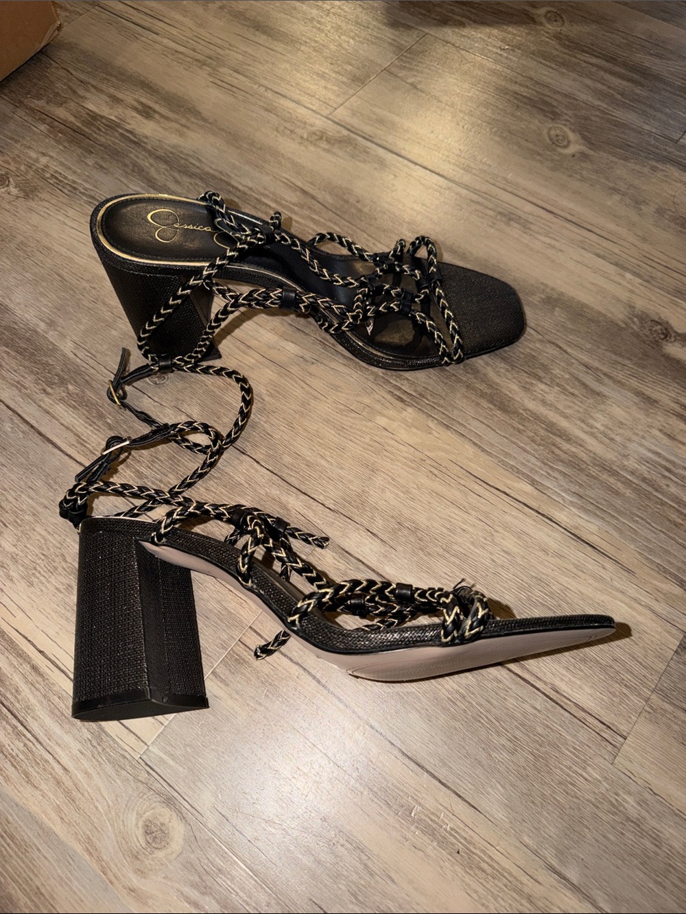 Jessica Black Braided Wrap Block Heel Sandals